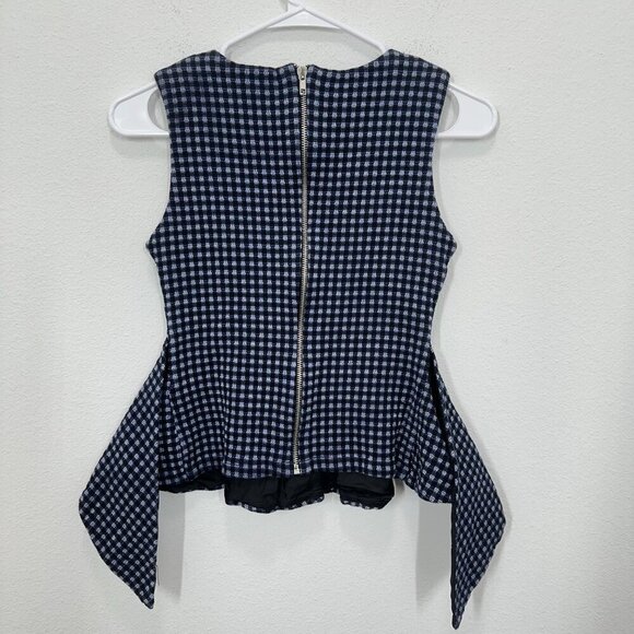 Christian Pellizzari Navy Blue Checkered Windowpane Peplum Crop Top Knit Blouse - Picture 2 of 5